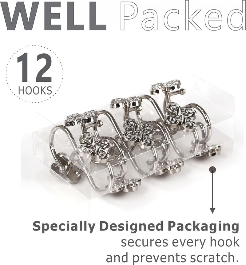 Popkozzi Nickel Shower Curtain Hooks Rings: Silver Rust Proof Metal Shower Hooks for Bathroom - Flower Clover Designed Decorative Curtain Rings Hangers for Shower Rod - Set of 12 - Image 5